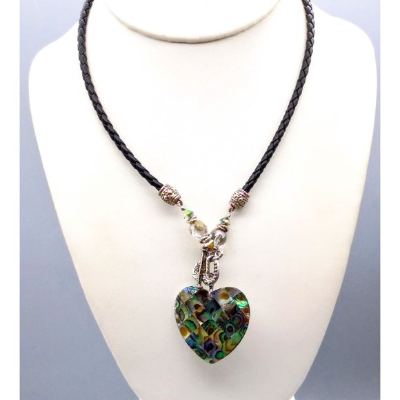 Vintage Abalone Tile Heart Pendant on Braided Leather and Crystal Necklace, Merm - Picture 1 of 5